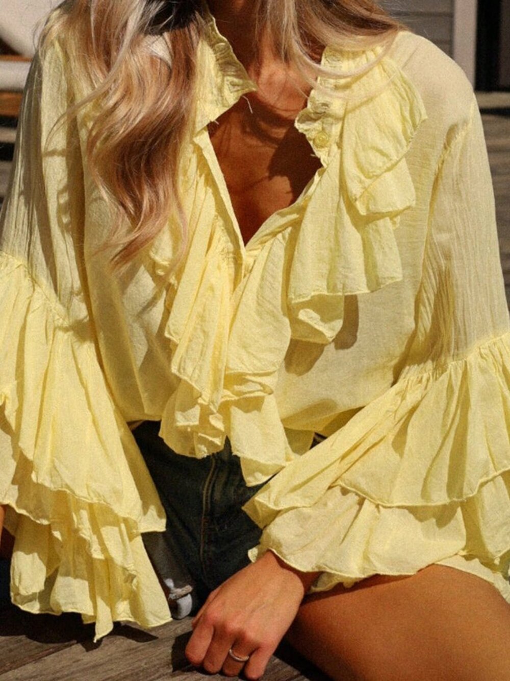Yellow Boho Women's Long Sleeve Ruffled Button-Down Collared Blouse - Picture 3 of 5